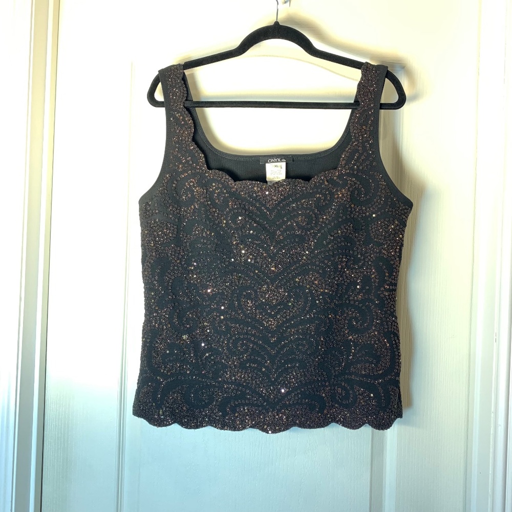 Onyx Nite XL Black Beaded Evening‎ Tank Top Gold Bronze Shimmer Party Goth